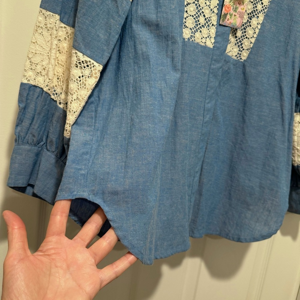 NWT Johnny Was $310 Thalassa Pieced Button Down Chambray Top Blouse Shirt Size S - Picture 10 of 16